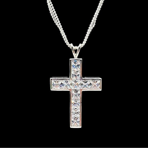 Large Sterling Princess Cut CZ Cross Necklace - Picture 1 of 7